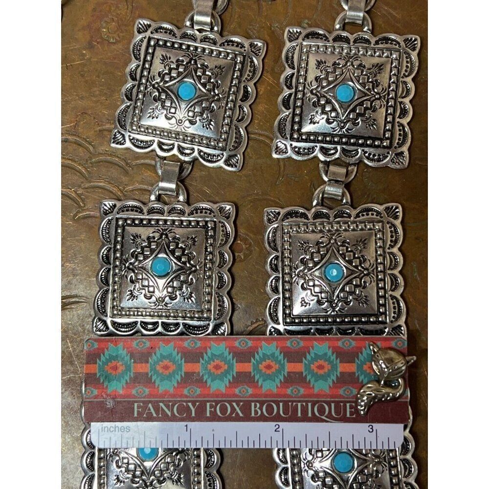 Concho Southwest Silver Unisex Chain belt adjustable to 52” Faux Turquoise - Picture 9 of 10